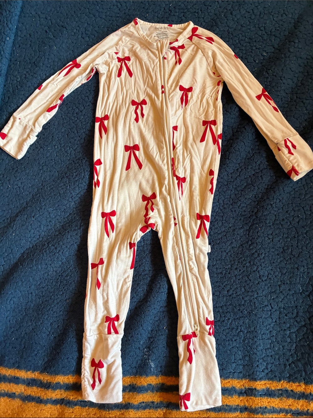 Forever French Cream Footed One-Piece Pajama with Red Bow Print